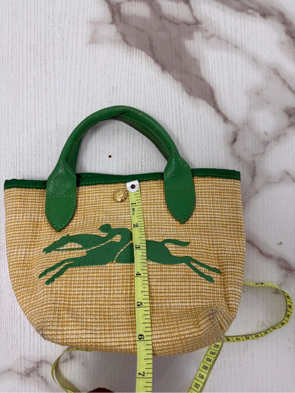 LONGCHAMP Le Panier Pliage Mini Straw Basket Tote Bag Green Horse Logo France - Picture 7 of 8